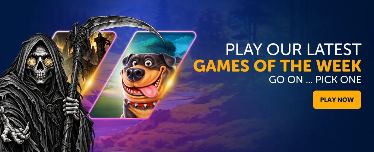 Games of the week banner with a hooded grim reaper and a cartoon rottweiler